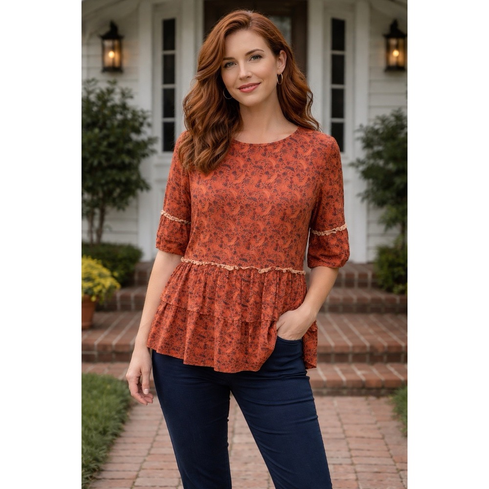 Matilda Jane Boho Orange Floral Tiered Peplum Blouse Women's Large Cottagecore‎